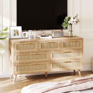 Rovaurx 7 Drawer Double Dresser for Bedroom, Rattan Chest of Dressers, Modern Wooden Dresser Chest with Golden Handles, Beside Table for Closet, Living Room and Entryway, Natural RDG004M