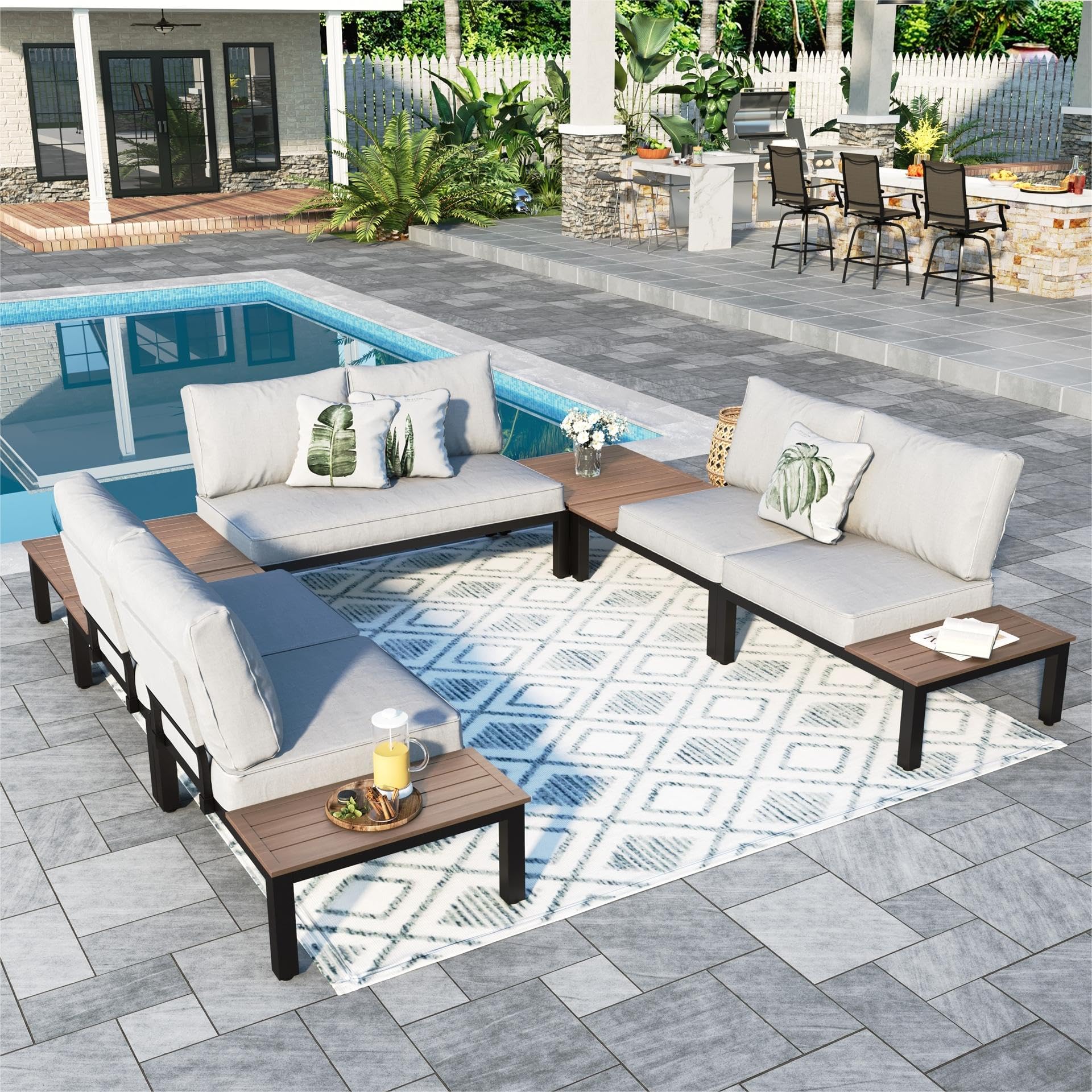 Sophia & William 7 Pieces Outdoor Patio Furniture Set, Metal Sectional Sofa Set Patio Conversation Set with Cushions-4 x Single Sofa with Side Table, 1 x Loveseat Sofa, 2 x Tea Table