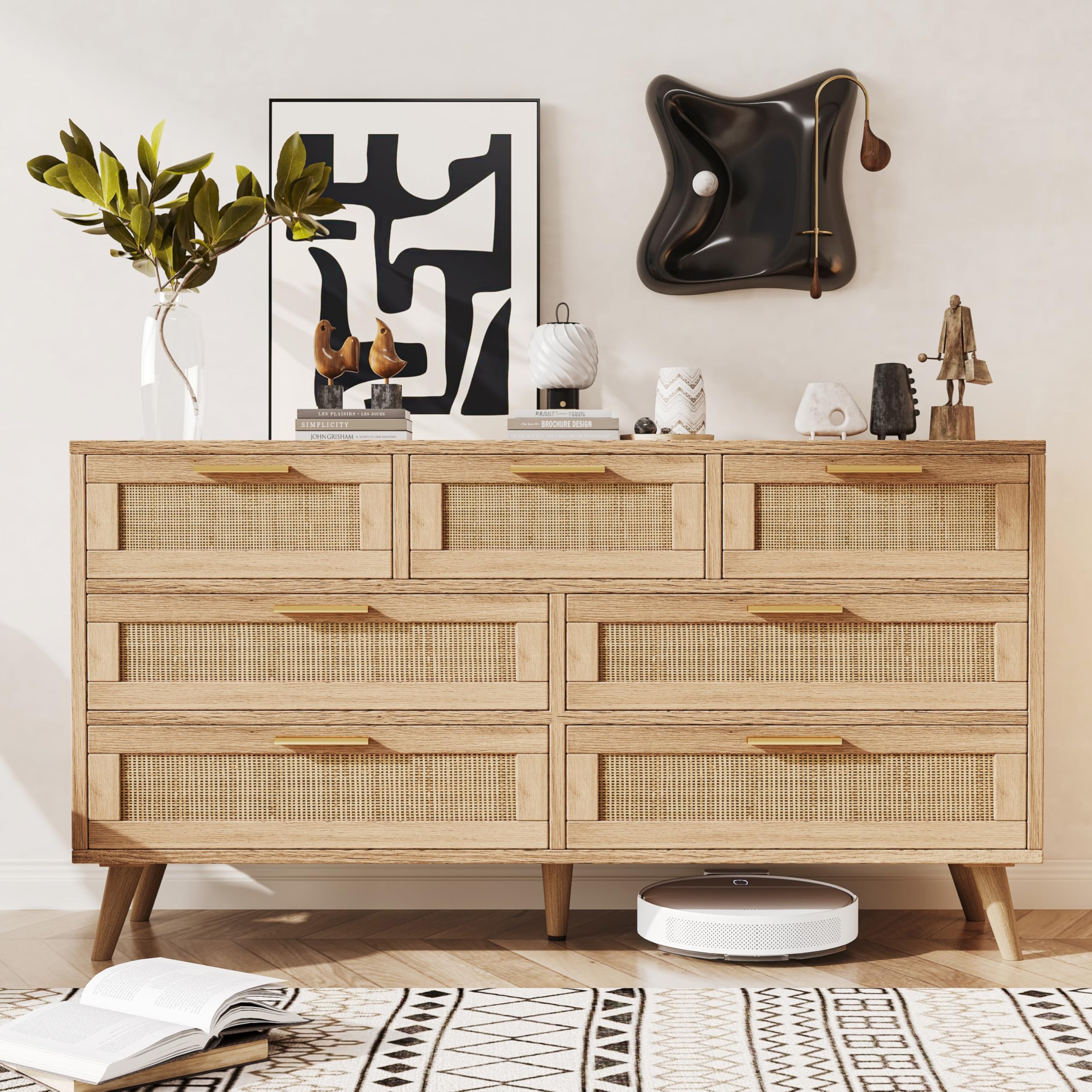 Rovaurx 7 Drawer Double Dresser for Bedroom, Rattan Chest of Dressers, Modern Wooden Dresser Chest with Golden Handles, Beside Table for Closet, Living Room and Entryway, Natural RDG004M