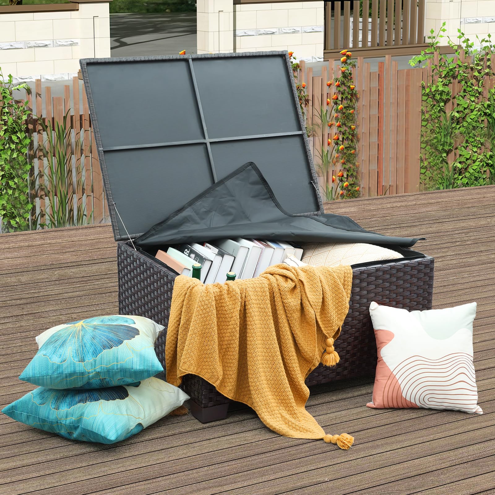 WAROOM Outdoor PE Wicker Coffee Table - Resin Rattan Patio Table Garden Furniture Backyard Storage Table with Waterproof Lining Bag, Brown