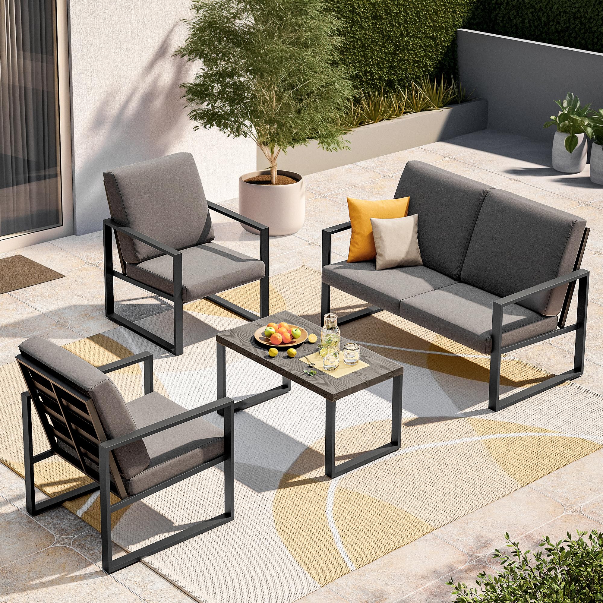 LAUSAINT HOME Patio Furniture Set, 4 Pcs Modern Outdoor Conversation Set with Table, Outdoor Metal Sectional Sofa with 6‘’ Removable Sponge Cushions, Adjustable Foot for Patio, Porch, Backyard, Pool