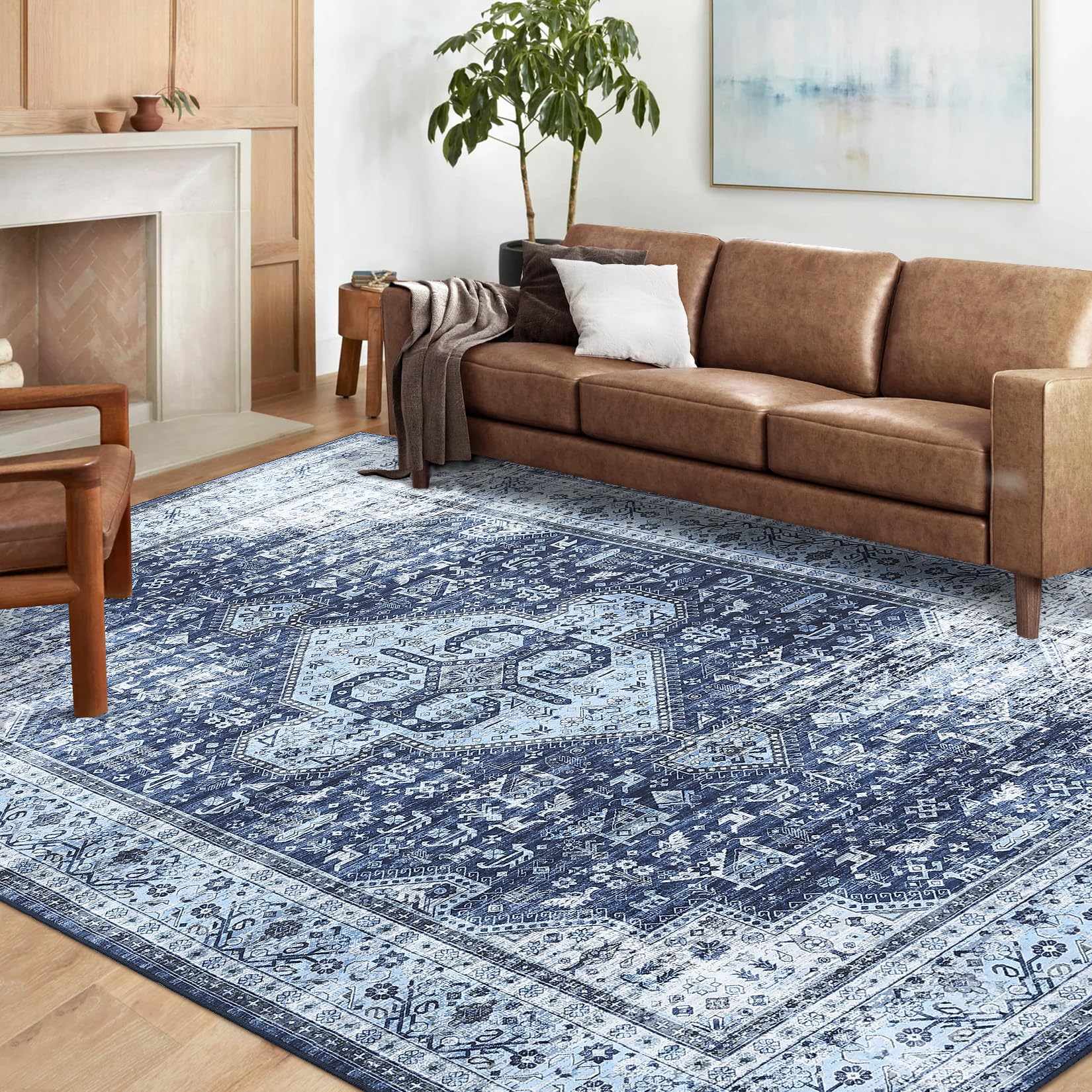 Haperlare Washable Rug 8x10 Ultra-Thin Area Rug Vintage Rug with Non Slip Backing Stain Resistant Rugs for Living Room Bedroom Low Pile Distressed Rug, Navy