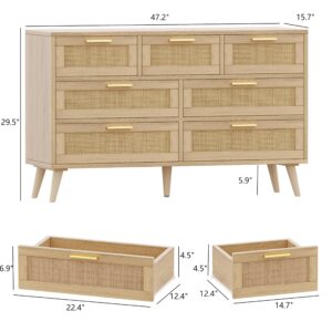 Rovaurx 7 Drawer Double Dresser for Bedroom, Rattan Chest of Dressers, Modern Wooden Dresser Chest with Golden Handles, Beside Table for Closet, Living Room and Entryway, Natural RDG004M