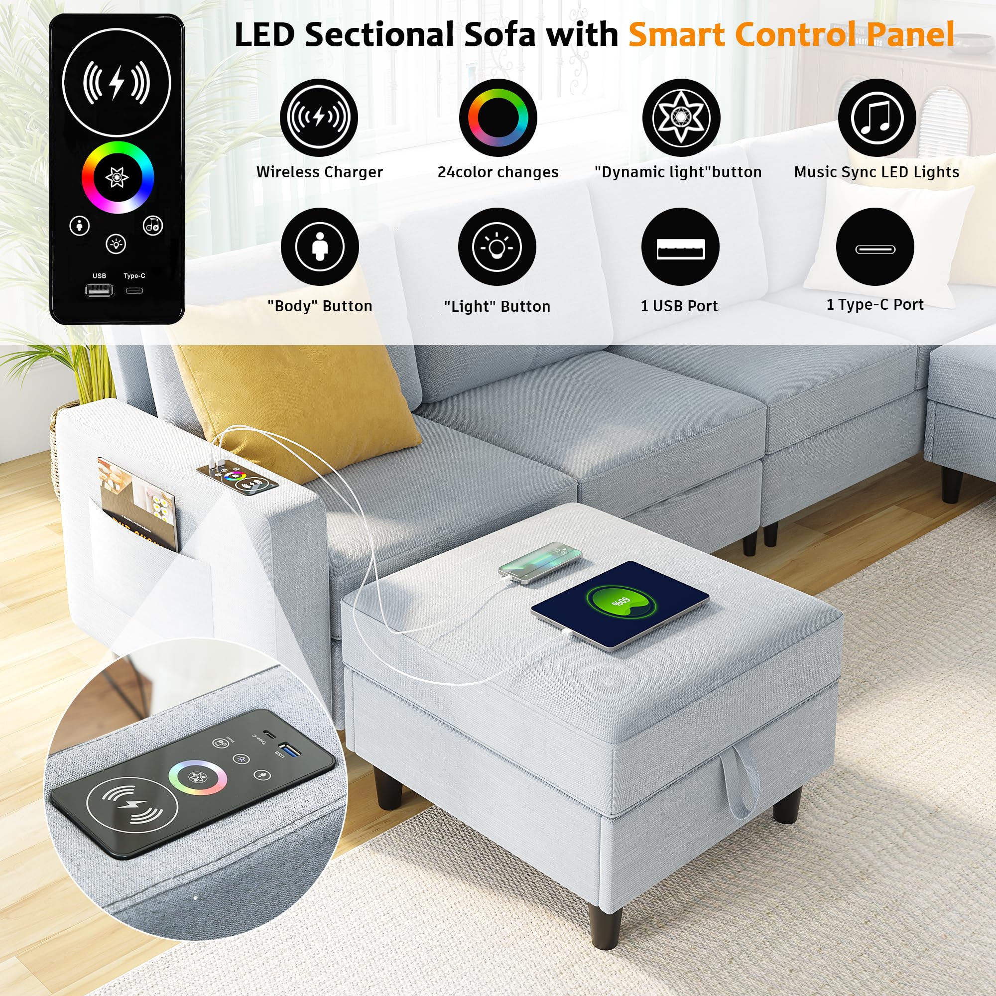 SKKTKT LED Sectional Couches for Living Room, Modular Sectional Sofa Set with Storage Ottomans, Oversized U Shaped Sofa Couch with Auto Sensor RGB Lights and Charging Station (Light Grey)