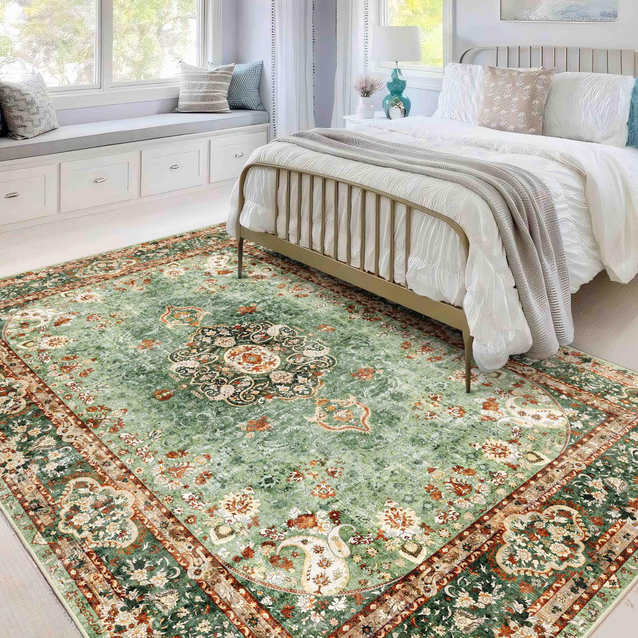 Castage 5x7 Area Rugs Washable,Green Rug for Living Room Bedroom Kitchen,Large Boho Vintage Bohemian Distressed Oriental Carpet Non Slip