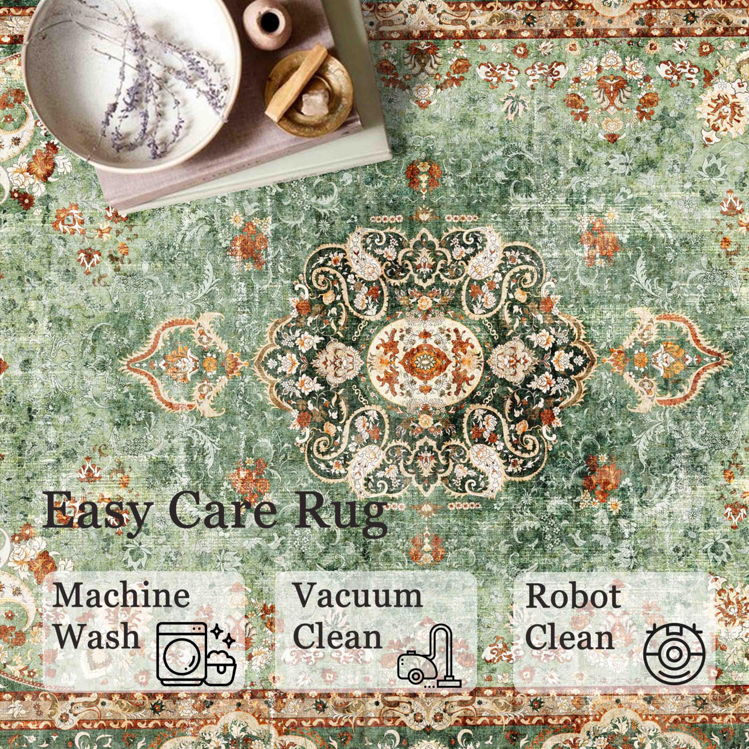 Castage 5x7 Area Rugs Washable,Green Rug for Living Room Bedroom Kitchen,Large Boho Vintage Bohemian Distressed Oriental Carpet Non Slip