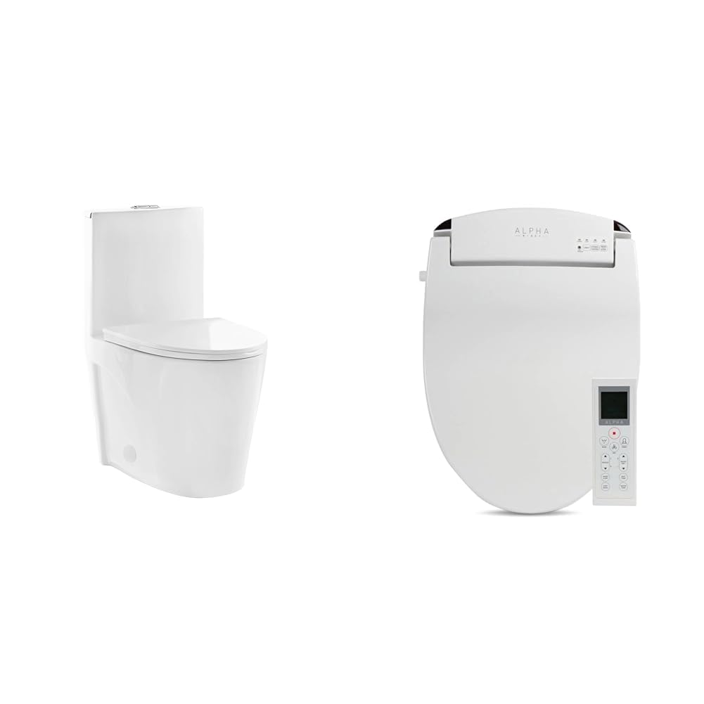 Swiss Madison Well Made Forever SM-1T254 St. Tropez One Piece Toilet, 26.6 x 15 x 31 inches, Glossy White & ALPHA BIDET JX Elongated Bidet Toilet Seat, White, Endless Warm Water, Rear and Front Wash