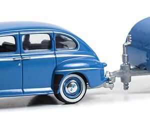 Collectibles Greenlight 32300-A Hitch & Tow Series 30-1942 Fordor Super Deluxe with Tear Drop Trailer – Florentine Blue 1:64 Scale Diecast