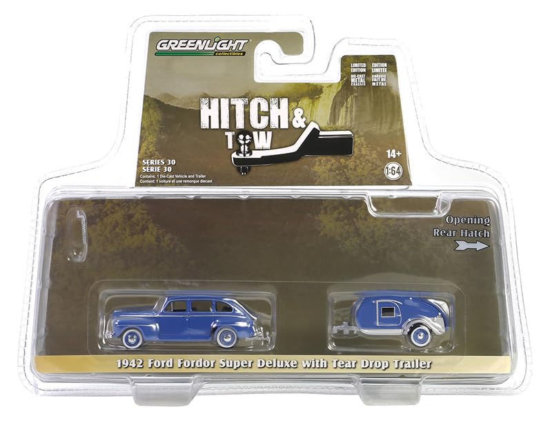 Collectibles Greenlight 32300-A Hitch & Tow Series 30-1942 Fordor Super Deluxe with Tear Drop Trailer – Florentine Blue 1:64 Scale Diecast