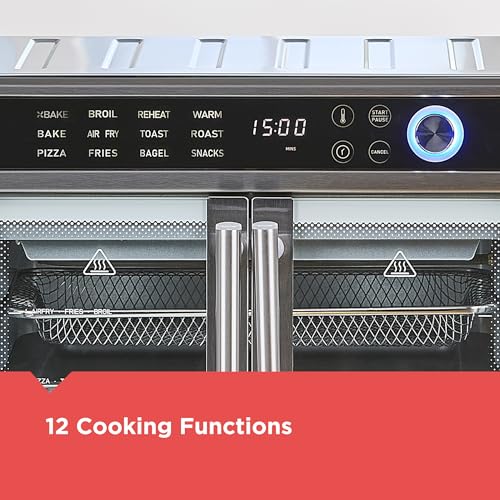 BLACK+DECKER Crisp 'N Bake Air Fryer Toaster Oven Combo, 12 in 1 Countertop Convection Oven Cooks Food Fast, Fits a Whole Pizza or 6 Toast Slices, French Doors with Stainless Steel Finish