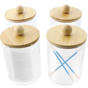 4 pack qtip holder dispenser qtip holder storage canister qtip dispenser clear plastic apothecary organizer jar with wood lidsfor cotton swab cotton ball cotton round pads floss picks