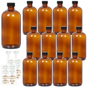 starside 12 pack 16 oz amber glass bottles with lids, 480 ml round boston bottles for essential oils, hot sauce, juice, liquids, include 2 funnel, 12 labels.