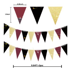 Graduation Party Decorations Maroon Gold 2024/Burgundy Gold Graduation Decorations/Maroon Black Birthday Party Decorations for Women/Burgundy Black Gold 2pcs Triangle Bunting Banners