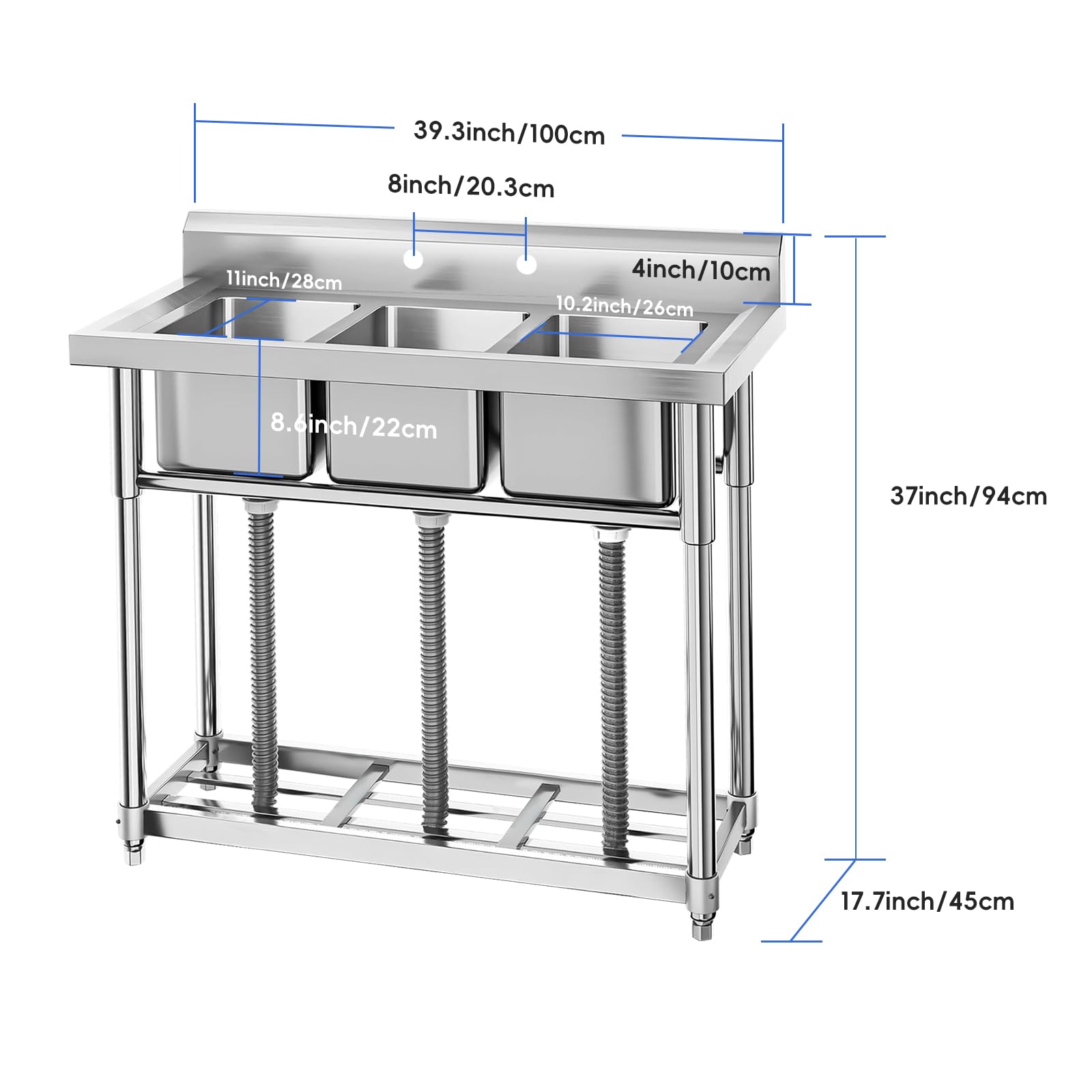 Petyee Stainless Steel Sink, Commercial Kitchen Prep & Utility Sink Free Standing 3-Compartment with Shelf for Restaurant Laundry Garage Bar Workshop (3 Compartment with Shelf, 38.9"L x 17.7"W x 37"H)