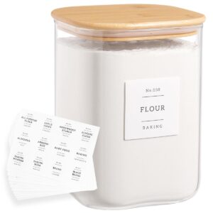 large glass flour and sugar containers with 132 kitchen pantry labels - 110 oz glass food storage containers with airtight lids - square glass jars with bamboo lids for rice, pasta, cookies, grain