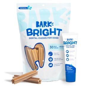 bark bright original dog dental kit - 30 teeth cleaning chew sticks & toothpaste - medium breeds