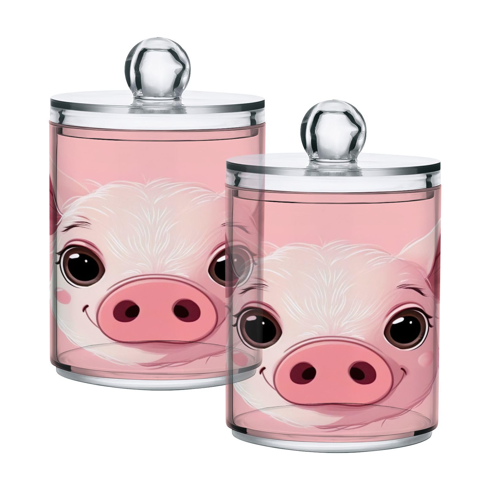 SDMKA 2 Pack Apothecary Jars Bathroom Cute Pig Face Qtip Holder Dispenser Clear Plastic Storage Canister Jar with Lid for Cotton Ball, Cotton Swab