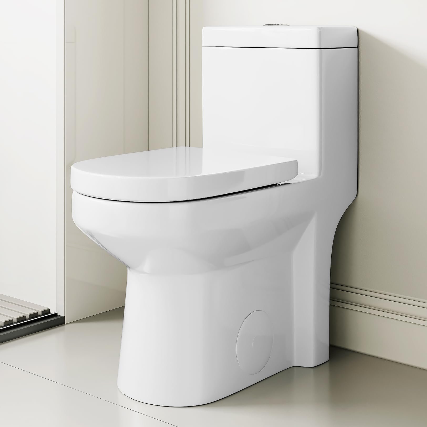 Compact One Piece Toilet for Bathroom, Space-Saving Powerful Dual Flush Round Small Toilet, Average 1.28 GPF, Skirted Toilet with Upgraded UF Quiet & Soft Close Seat (12" Rough-in Toilet)