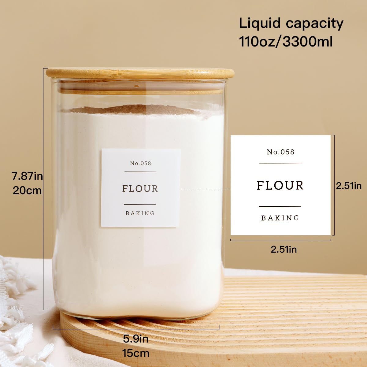 Large glass flour and sugar containers with 132 Kitchen Pantry Labels - 110 oz Glass Food Storage Containers with Airtight Lids - Square Glass Jars with Bamboo Lids for Rice, Pasta, Cookies, grain