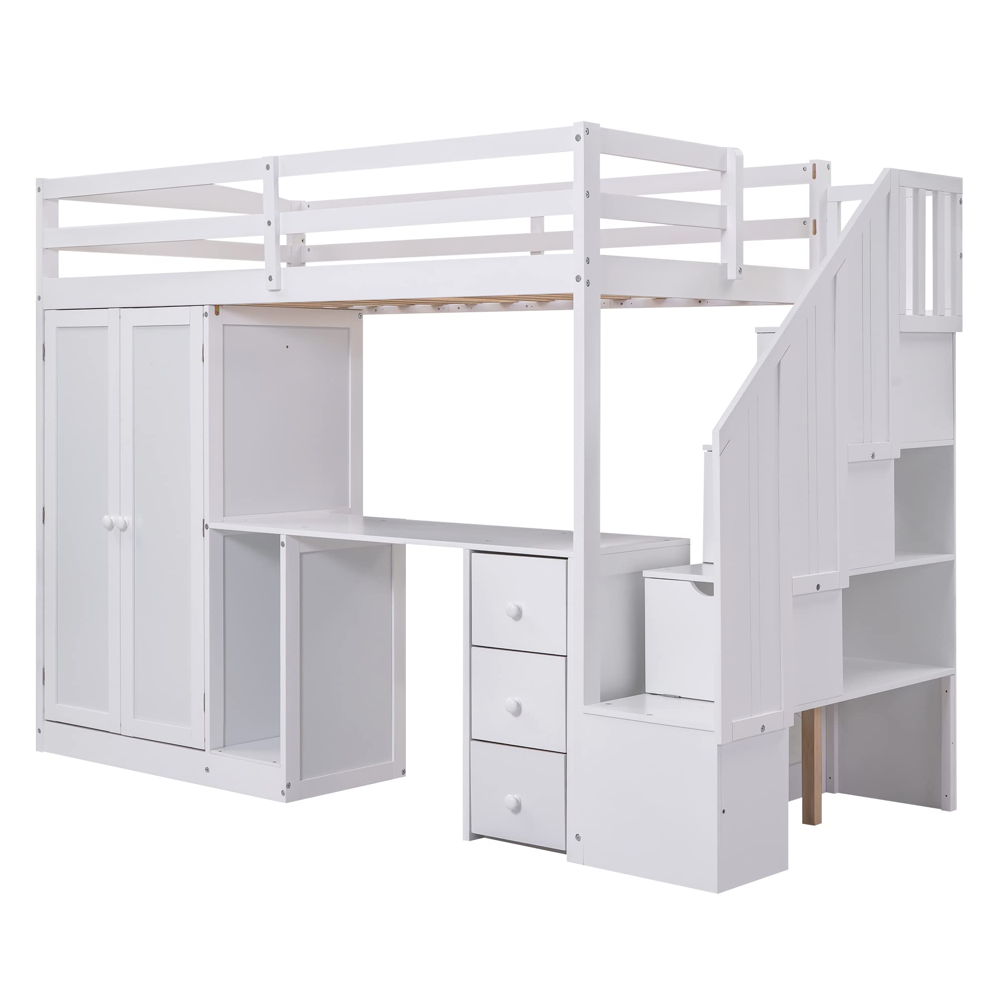 White Twin Loft Bed with Stairs and Desk, Wooden Twin Loft Bed with Wardrobe and Storage Drawers, High Loft Bed Frame for Kids, Teens, Adults Boys & Girls, Loft Bed Twin with Storage