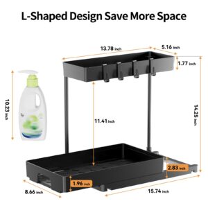 Delamu 2 Pack Under Sink Organizers and Storage, 2 Tier Pull Out Bathroom Cabinet Organizer, L-Shape Black Under Bathroom Kitchen Sink Organizer with Drawer for Under Sink Storage Organizer