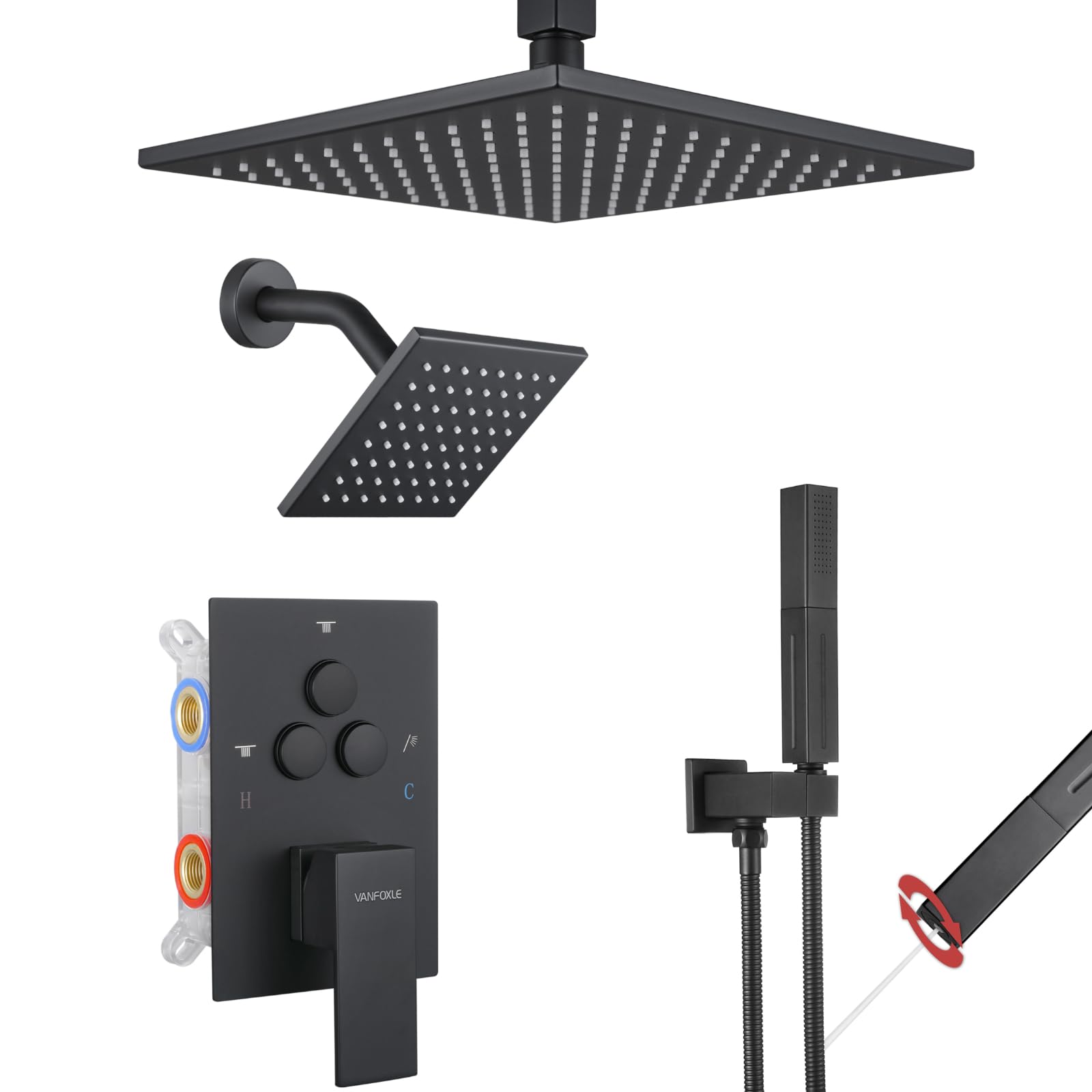 VANFOXLE Shower Faucet Set Matte Black Shower System,Push Button Diverter Shower Faucet with 2 in 1 Handheld,Ceiling Mount 10 Inch Shower Head with 6 Inch Wall Mount Shower Head