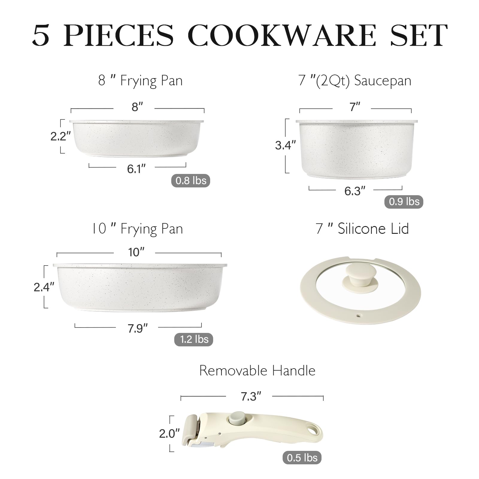 GiPP 5Pcs Pots and Pans Set Non Stick, Cookware Sets Nonstick Detachable Handle, Induction Kitchen Set Removable Handle, RV Cookware set, Oven Safe