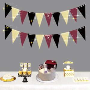 Graduation Party Decorations Maroon Gold 2024/Burgundy Gold Graduation Decorations/Maroon Black Birthday Party Decorations for Women/Burgundy Black Gold 2pcs Triangle Bunting Banners