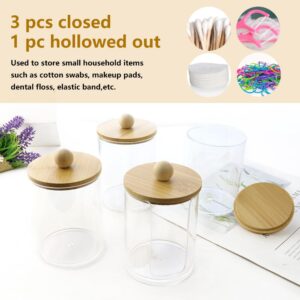 4 Pack Qtip Holder Dispenser Qtip Holder Storage Canister Qtip Dispenser Clear Plastic Apothecary Organizer Jar with Wood Lidsfor Cotton Swab Cotton Ball Cotton Round Pads Floss Picks