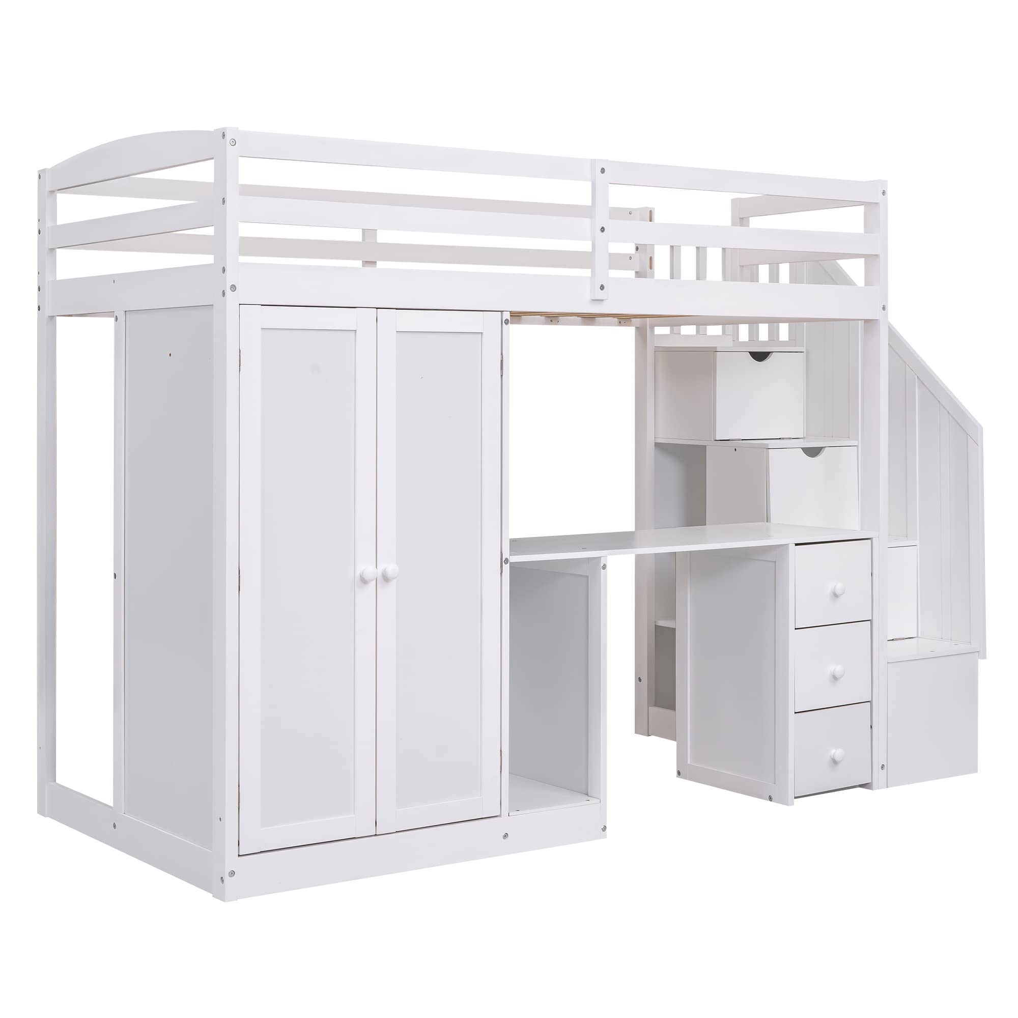 White Twin Loft Bed with Stairs and Desk, Wooden Twin Loft Bed with Wardrobe and Storage Drawers, High Loft Bed Frame for Kids, Teens, Adults Boys & Girls, Loft Bed Twin with Storage