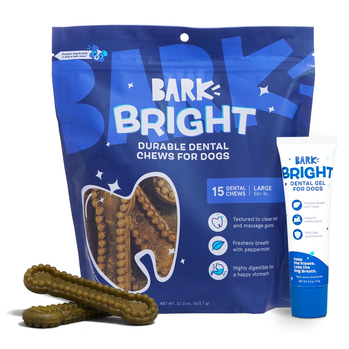 Bark Bright Durable Dog Dental Kit for Tough Chewers - 15 Chew Sticks & Toothpaste - Large Breeds