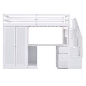 White Twin Loft Bed with Stairs and Desk, Wooden Twin Loft Bed with Wardrobe and Storage Drawers, High Loft Bed Frame for Kids, Teens, Adults Boys & Girls, Loft Bed Twin with Storage