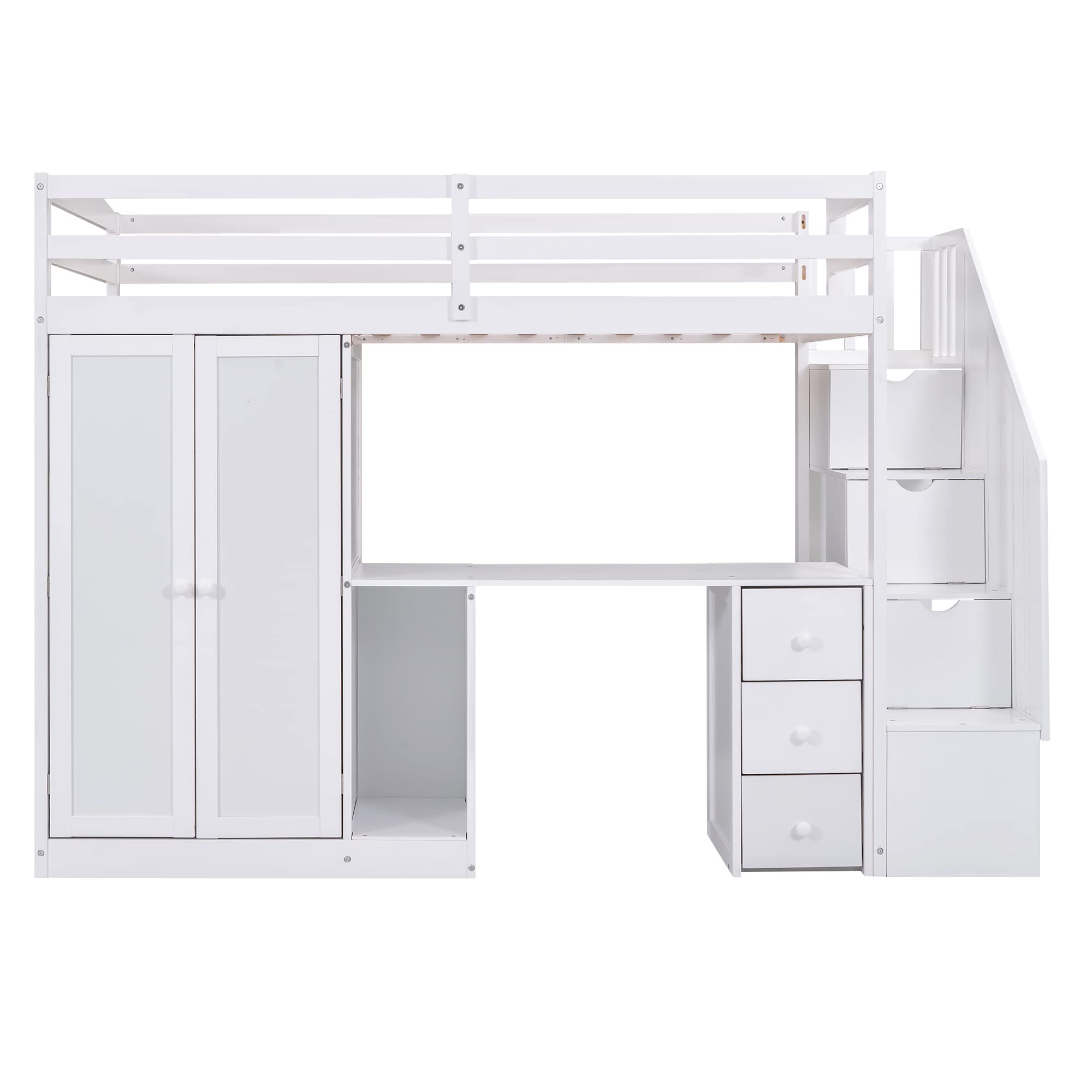 White Twin Loft Bed with Stairs and Desk, Wooden Twin Loft Bed with Wardrobe and Storage Drawers, High Loft Bed Frame for Kids, Teens, Adults Boys & Girls, Loft Bed Twin with Storage