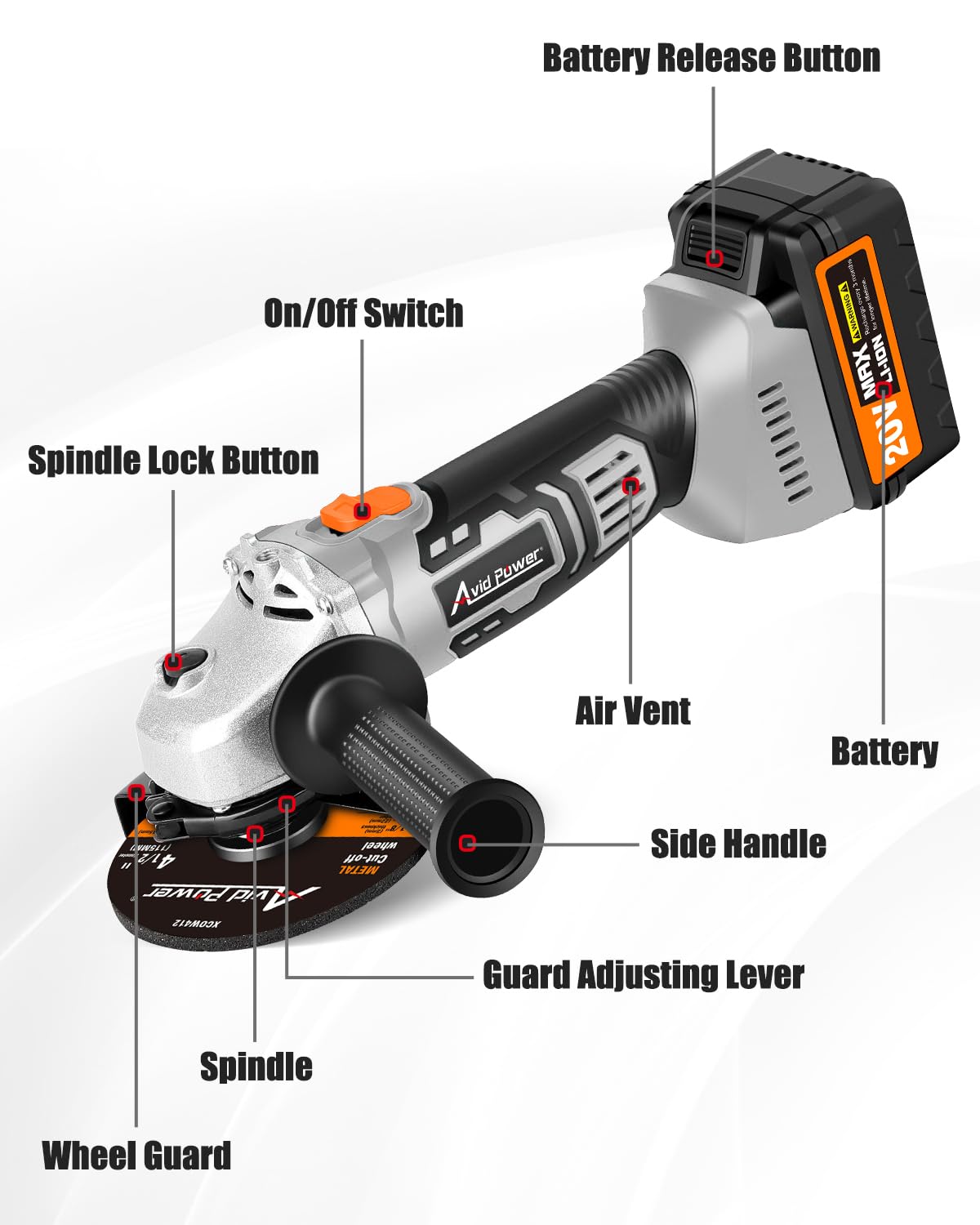 AVID POWER Cordless Angle Grinder with 4-pole Motor, 20V Cordless Grinders Tools w/3.0A Battery & Fast Charger, 4-1/2 Inch Grinding Wheels, Cutting Wheels, Flap Discs and Auxiliary Handle - Grey