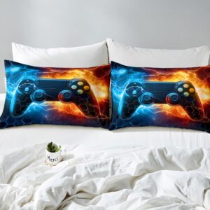 Feelyou Kids Boys Blue Red Gamer Bed Sheets Set Full Size, Honeycomb Gaming Sheets with Deep Pocket Fitted for Lightning Gamepad Sheet Set Game Room Decor Bedding Set Soft Bed Set 4Pcs