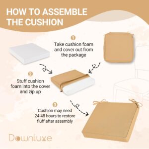 downluxe Outdoor Chair Cushions for Patio Furniture, Waterproof Square Corner Memory Foam Patio Chair Cushion with Adjustable Ties and Portable Handle, 19" x 19" x 3", Khaki, 4 Pack