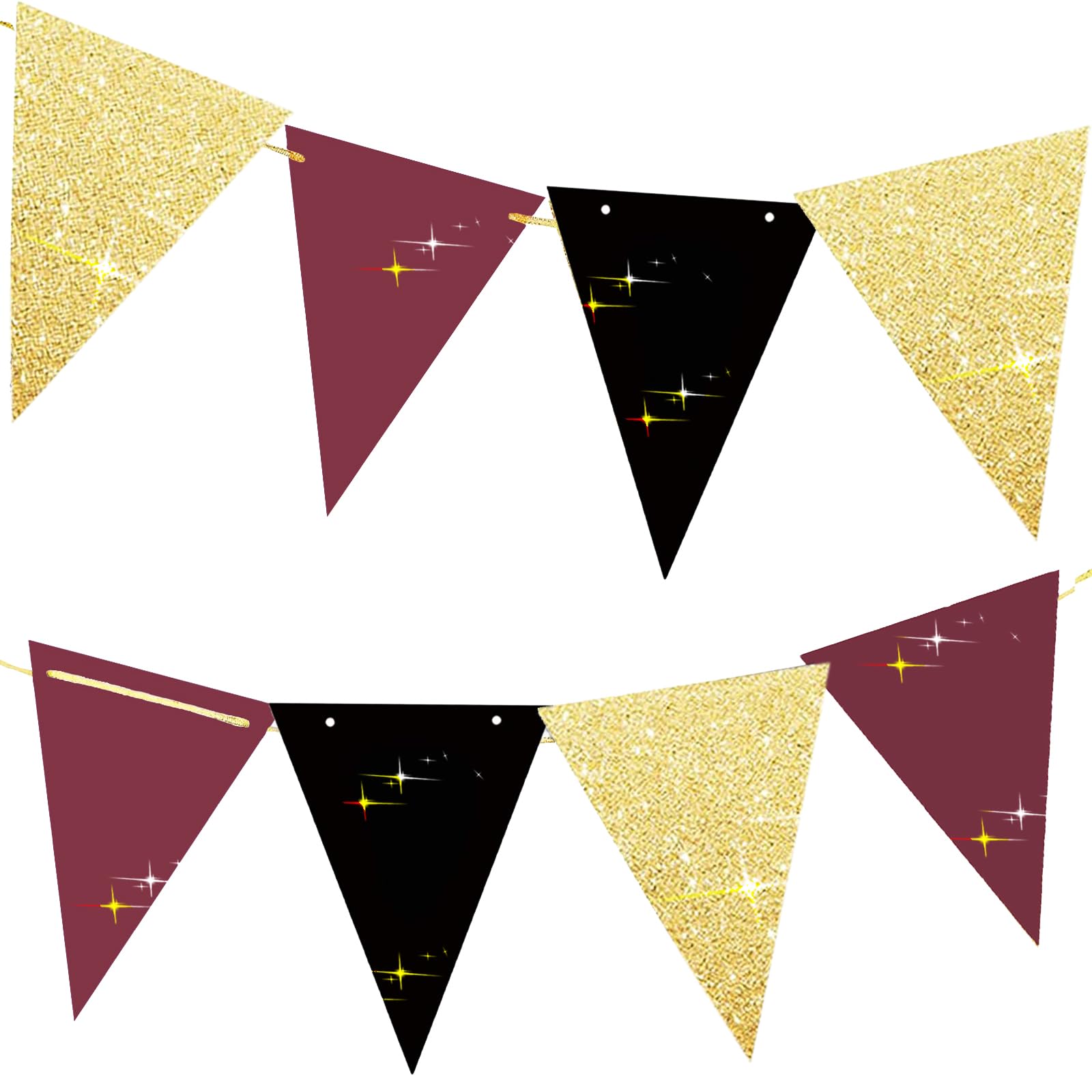 Graduation Party Decorations Maroon Gold 2024/Burgundy Gold Graduation Decorations/Maroon Black Birthday Party Decorations for Women/Burgundy Black Gold 2pcs Triangle Bunting Banners