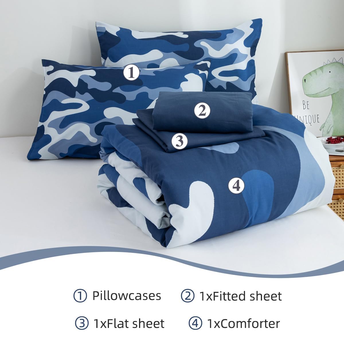 Holawakaka Twin Size Camouflage Bedding Comforter Set with Sheets, Boys Girls Men Camo Bed in A Bag 5 Pieces, Kids Teens Dorm Bed Sets Neutral Farmhouse Lodge Cabin Army Bedspread (Blue, Twin)