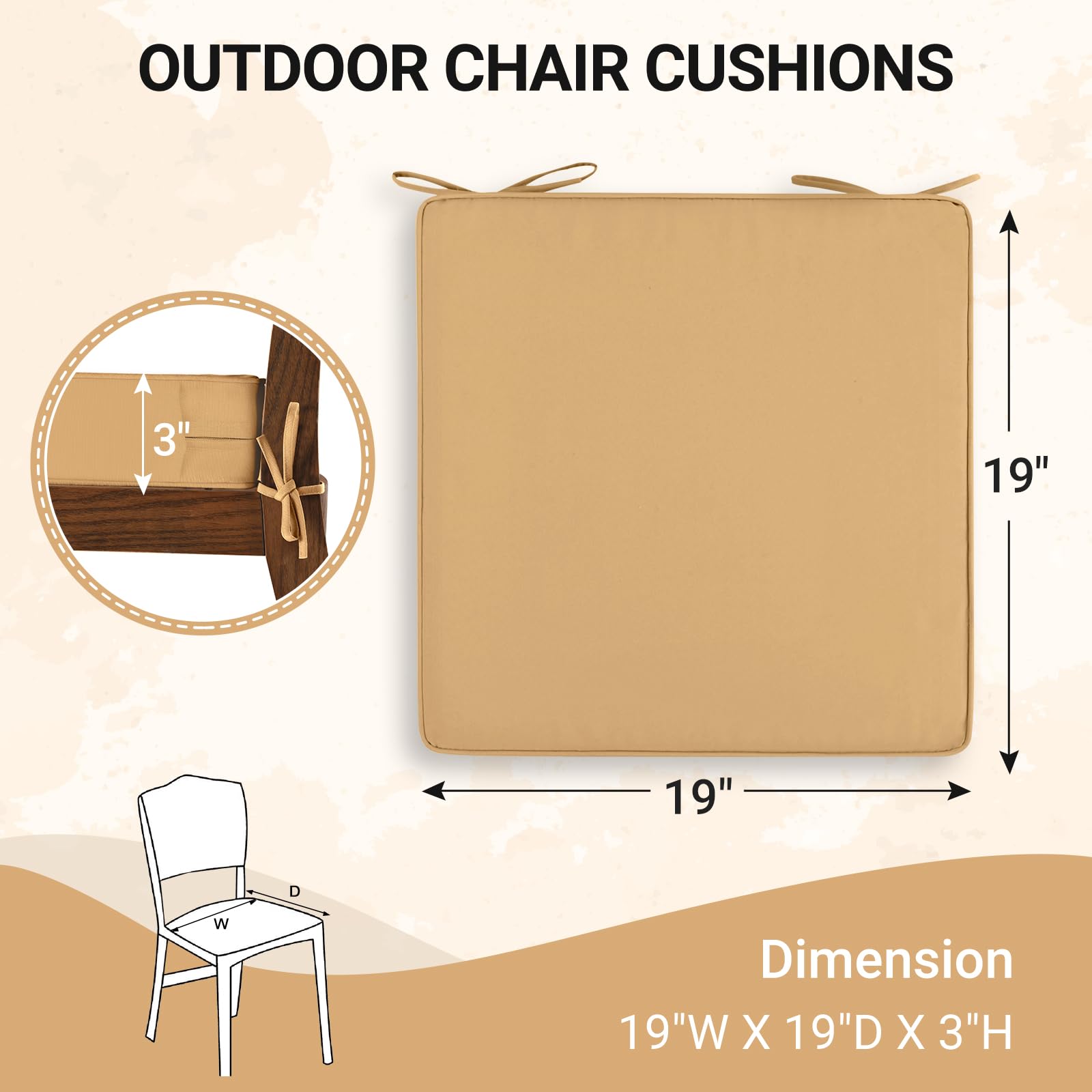 downluxe Outdoor Chair Cushions for Patio Furniture, Waterproof Square Corner Memory Foam Patio Chair Cushion with Adjustable Ties and Portable Handle, 19" x 19" x 3", Khaki, 4 Pack