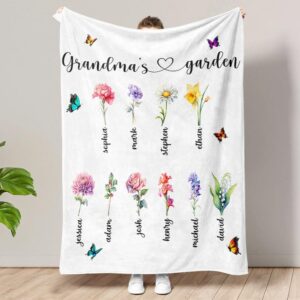 personalized grandma's garden blanket, grandma blanket with kids name, mom grandma's garden birth month flower bouquet, best gift for mother, birth flower, gifts for mothers day birthday 3