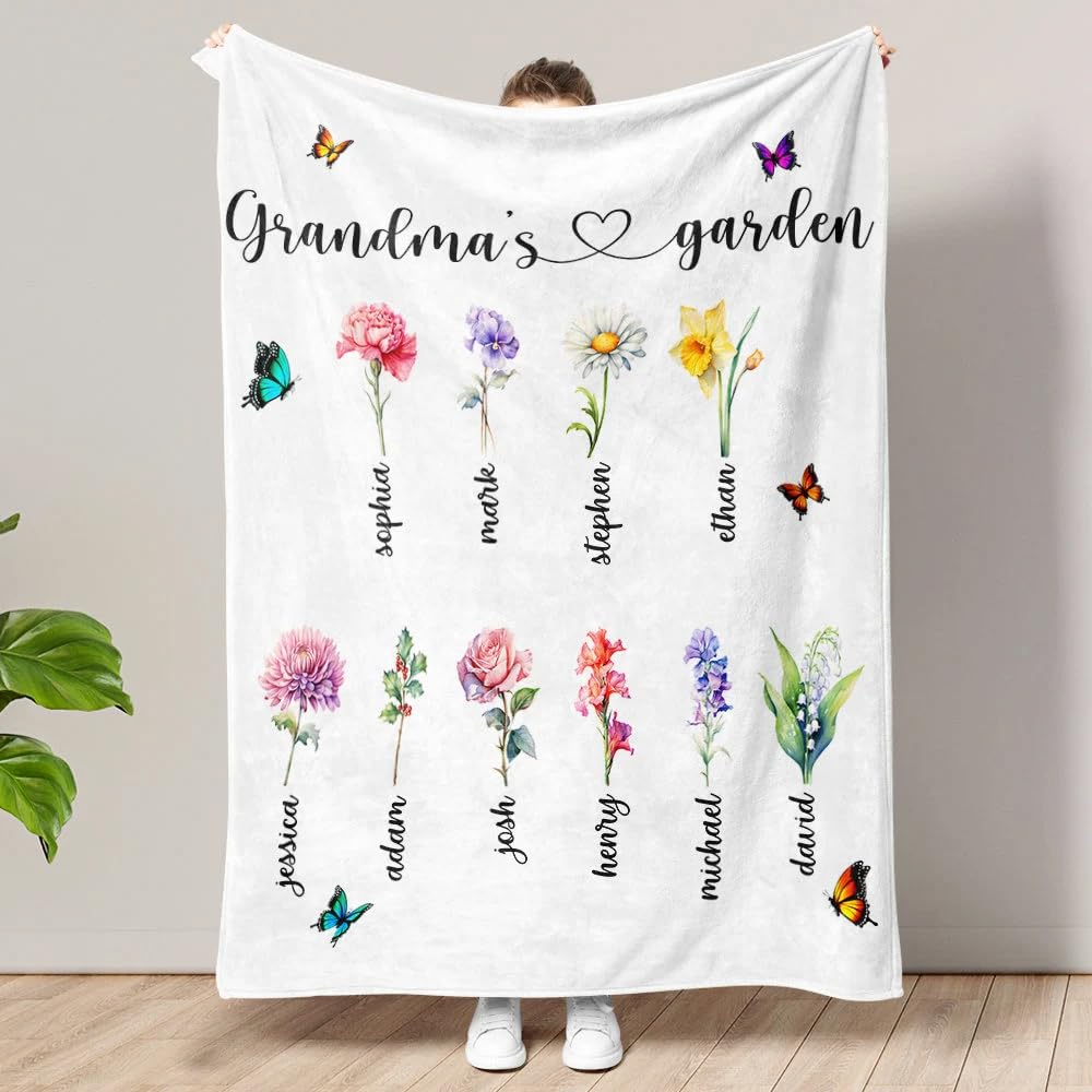 Personalized Grandma's Garden Blanket, Grandma Blanket with Kids Name, Mom Grandma's Garden Birth Month Flower Bouquet, Best Gift for Mother, Birth Flower, Gifts for Mothers Day Birthday 3