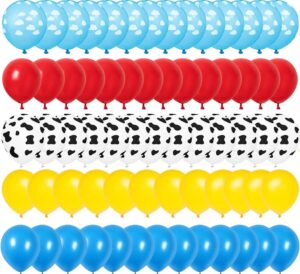 60pcs 12inch toy inspired story balloons kit cow pattern cloud yellow red blue green latex balloons for kids toy inspired story theme birthday party supplies decorations