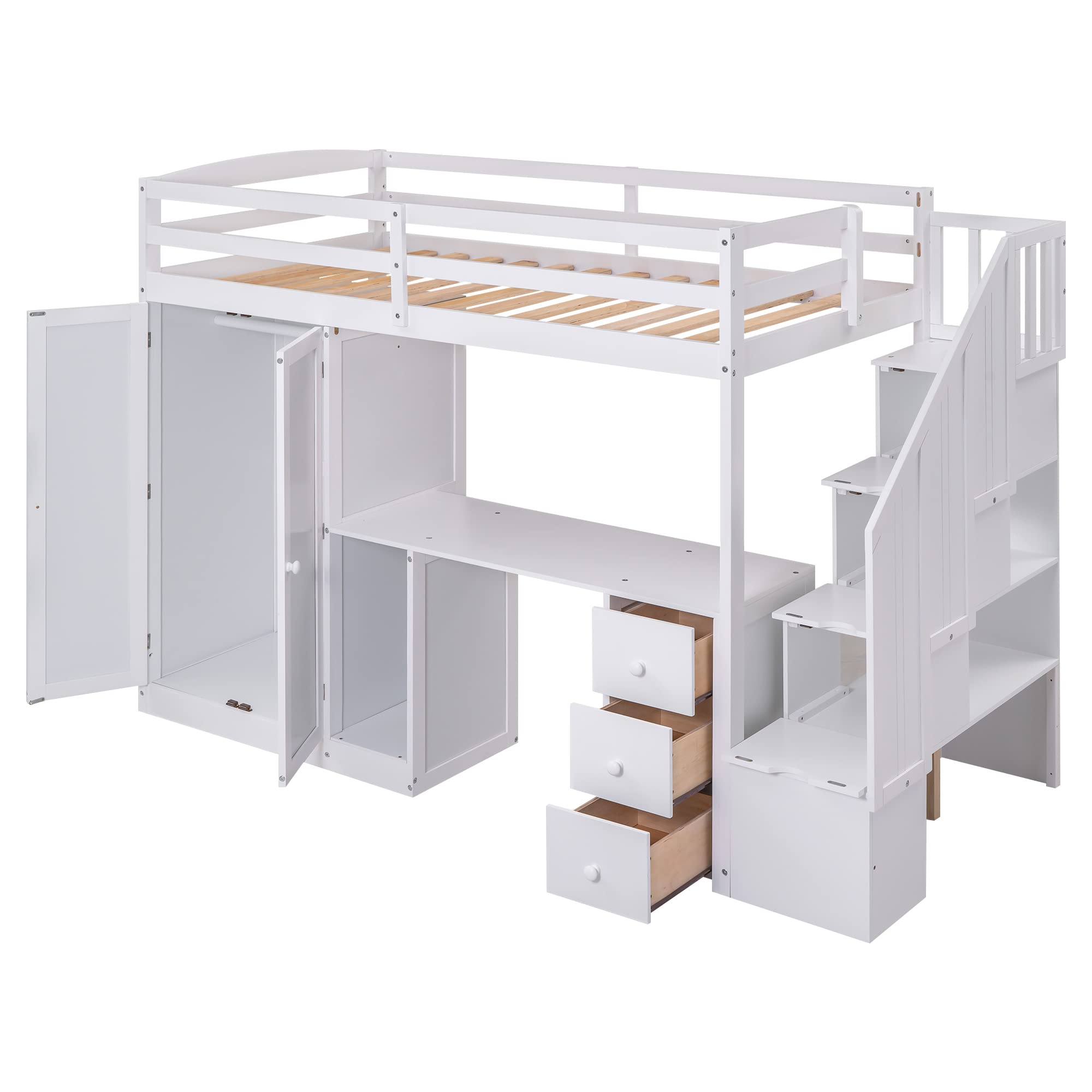 White Twin Loft Bed with Stairs and Desk, Wooden Twin Loft Bed with Wardrobe and Storage Drawers, High Loft Bed Frame for Kids, Teens, Adults Boys & Girls, Loft Bed Twin with Storage