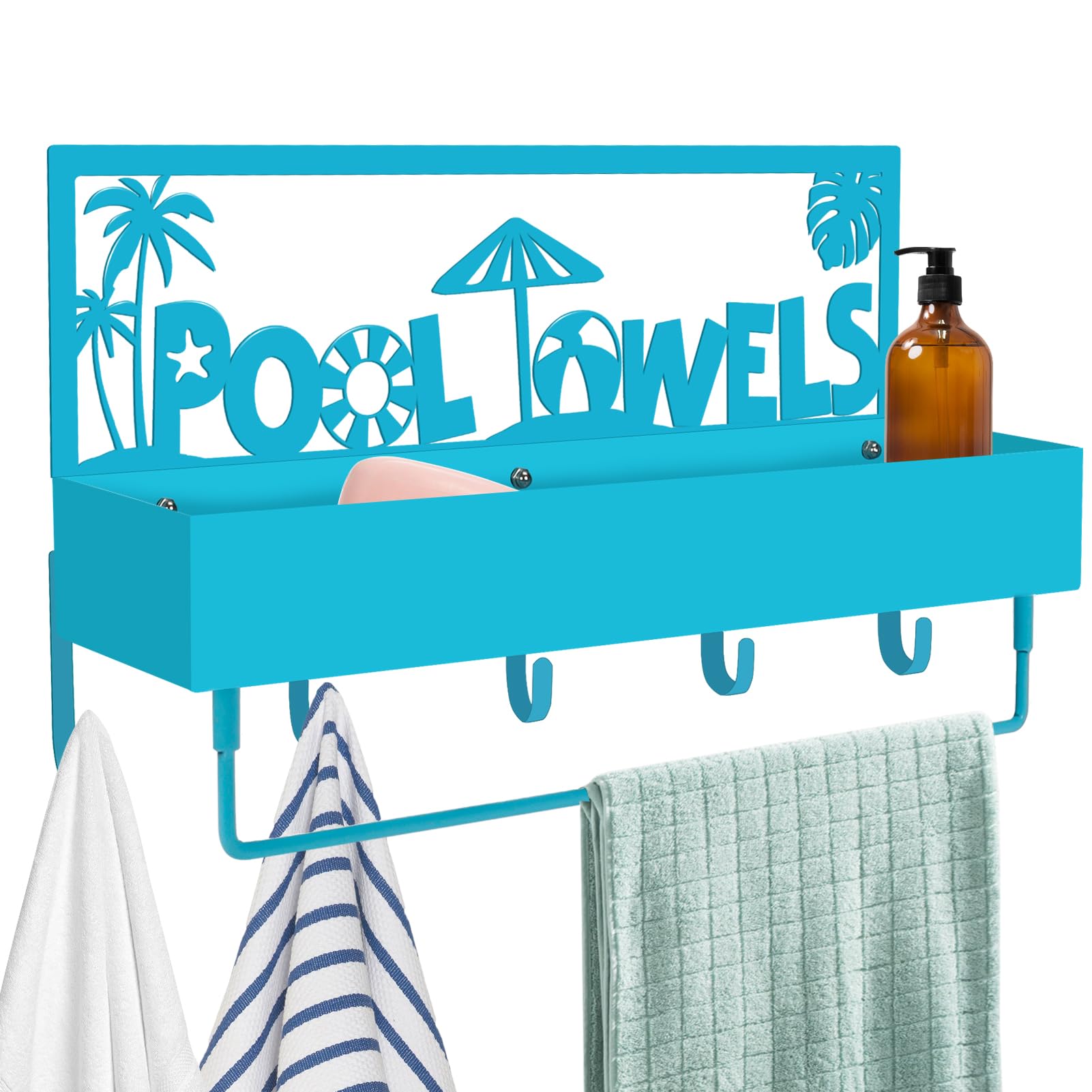 TAINAT 3-in-1 Outdoor Pool Towel Rack,Metal Towel Holder Wall Mounted Towel Drying Hanging Hooks,Poolside Beach Towel Storage for Bath Towel,Coats,Robe Swimsuit,Keys