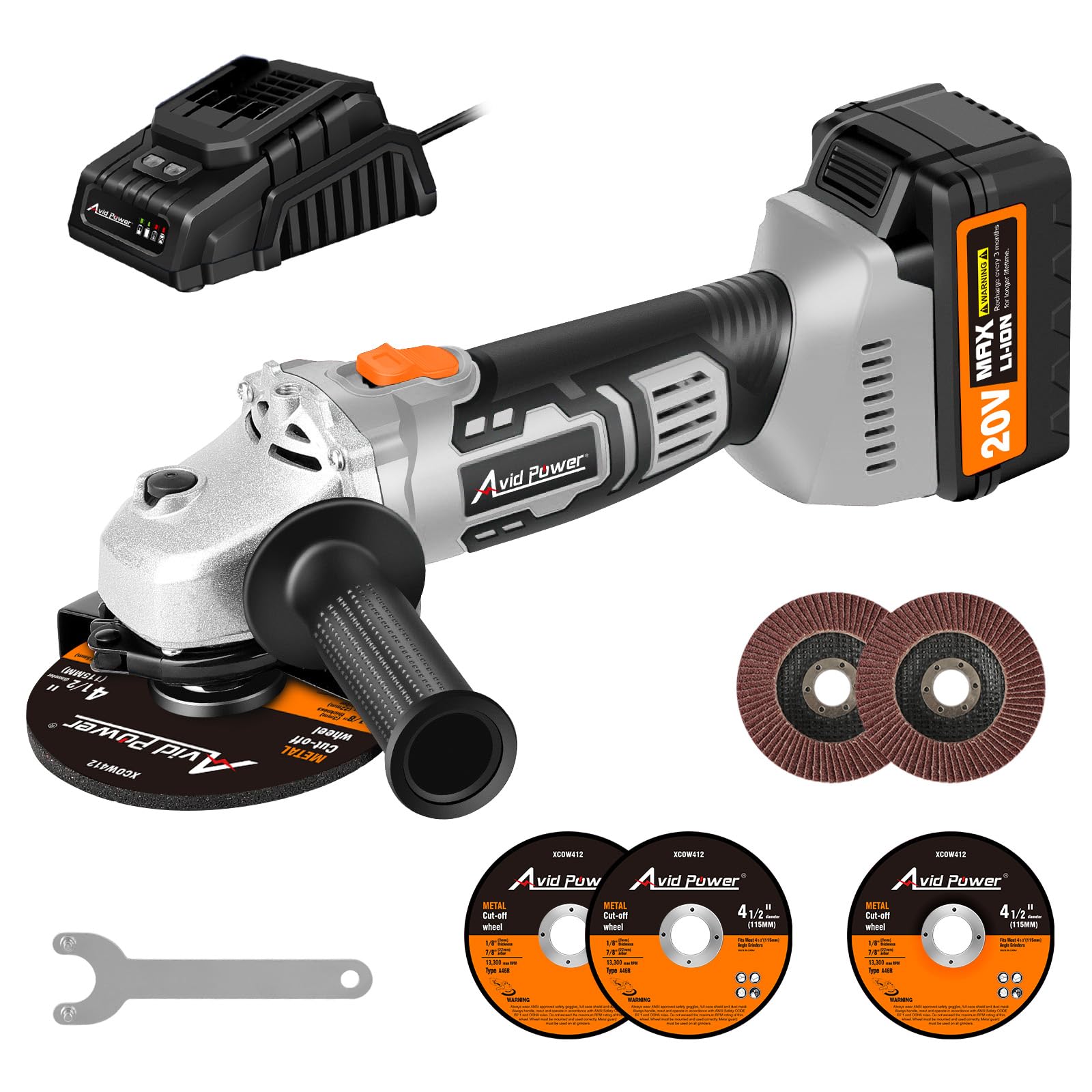 AVID POWER Cordless Angle Grinder with 4-pole Motor, 20V Cordless Grinders Tools w/3.0A Battery & Fast Charger, 4-1/2 Inch Grinding Wheels, Cutting Wheels, Flap Discs and Auxiliary Handle - Grey