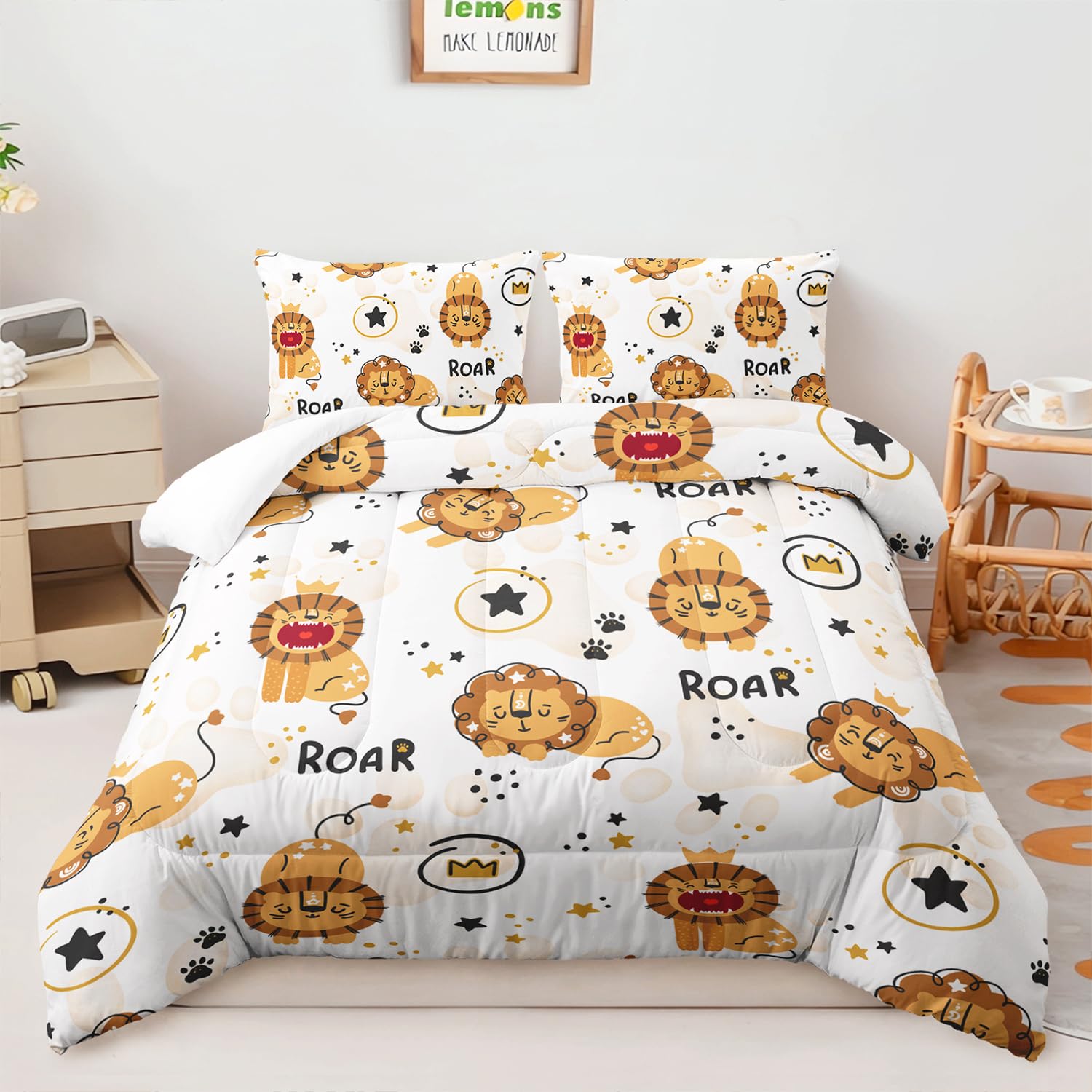 AILONEN Kids Lion Comforter Set Twin Size, 3 Pieces Kawaii Bed in a Bag,Cute Lion Kids Bedding Set for Boys Girls,Cartoon Animal Pattern Quilt with 2 Pillowcases