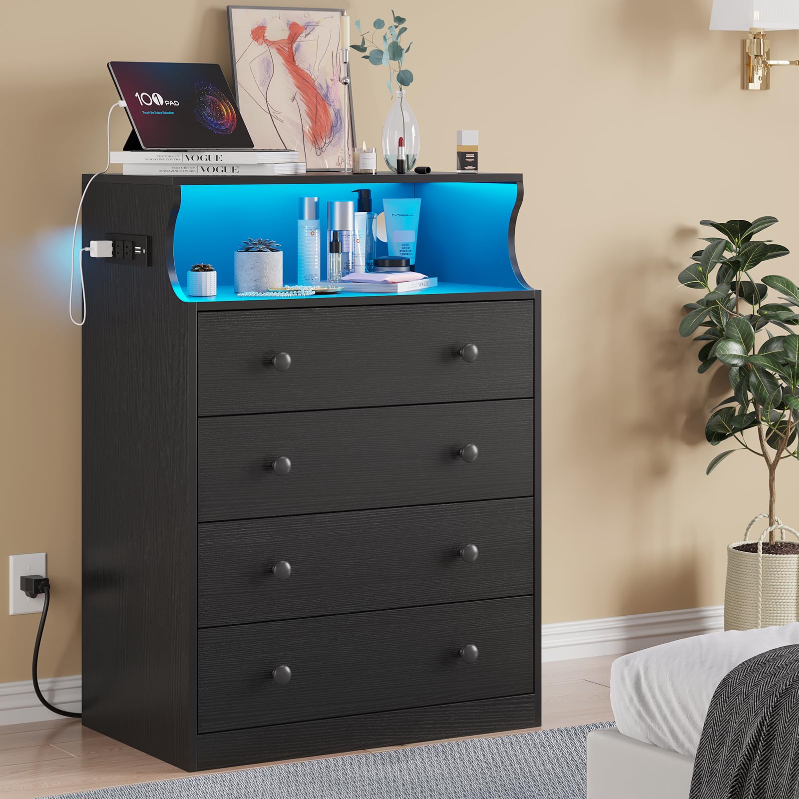 Hasuit Black Dresser with Charging Station, 4 Drawers LED Dresser for Bedroom, Chest of Drawers with Open Space, Large Capacity Tall Storage Cabinet, Black Dresser for Bedroom