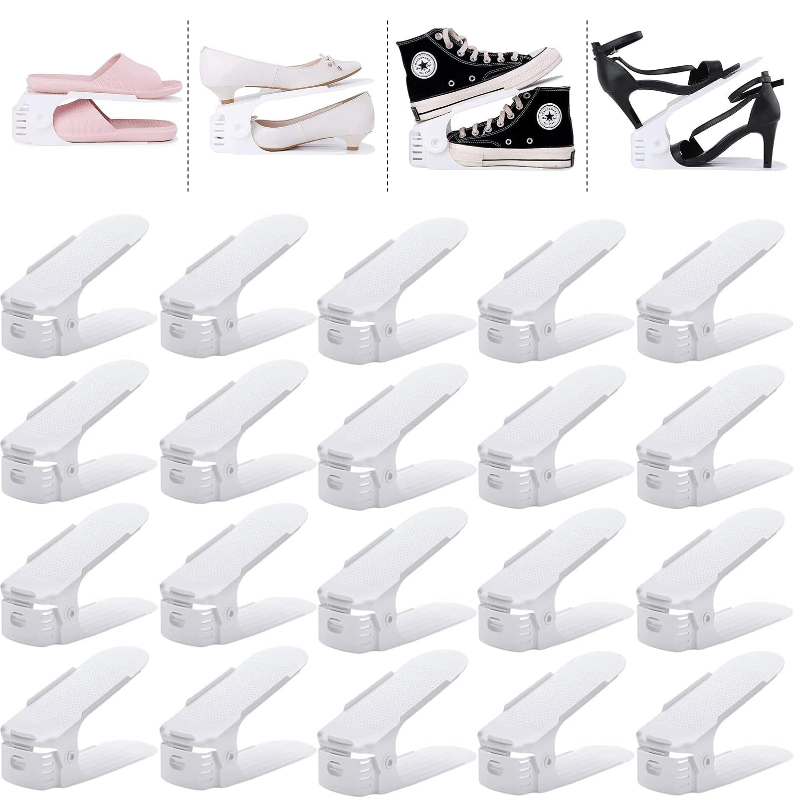 YIHATA Shoe Slots Organizer 20 Pack, Adjustable Shoe Stacker Space Savers 50%, Upgrade Double Deck Shoe Rack Holder for Closet Organization, White