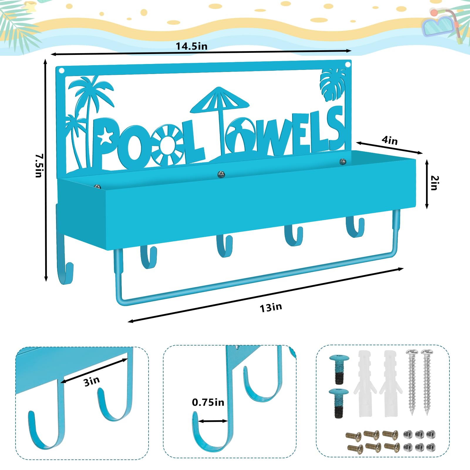 TAINAT 3-in-1 Outdoor Pool Towel Rack,Metal Towel Holder Wall Mounted Towel Drying Hanging Hooks,Poolside Beach Towel Storage for Bath Towel,Coats,Robe Swimsuit,Keys