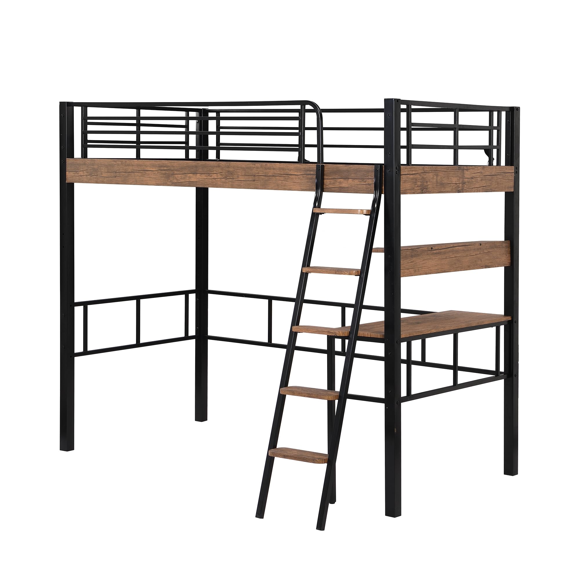 Twin Loft Bed with Desk and Storage Shelf, Metal Loft Bed Twin Size with Wider Ladder and Full Length Guardrail, Twin Size Loft Bed for Kids, Teens, Twin Loft Bed Black+Natural